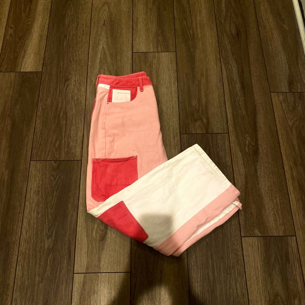 pink patch work pants (size: large 8/10)